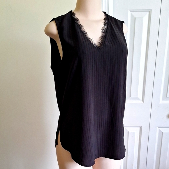 3/$20 Adrianna Papell Black V-Neck Blouse with Eyelash Lace Trim Size M - Picture 1 of 8